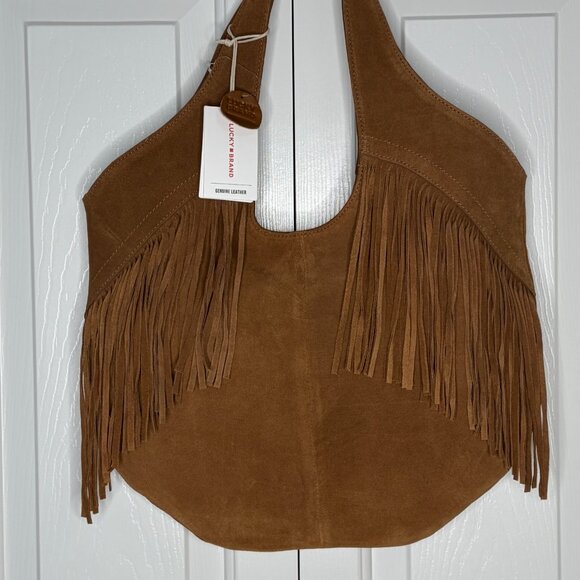 Viral Lucky Brand Genuine Leather Nyra Fringe Bag Honey Tan Suede Boho Western - Picture 2 of 11